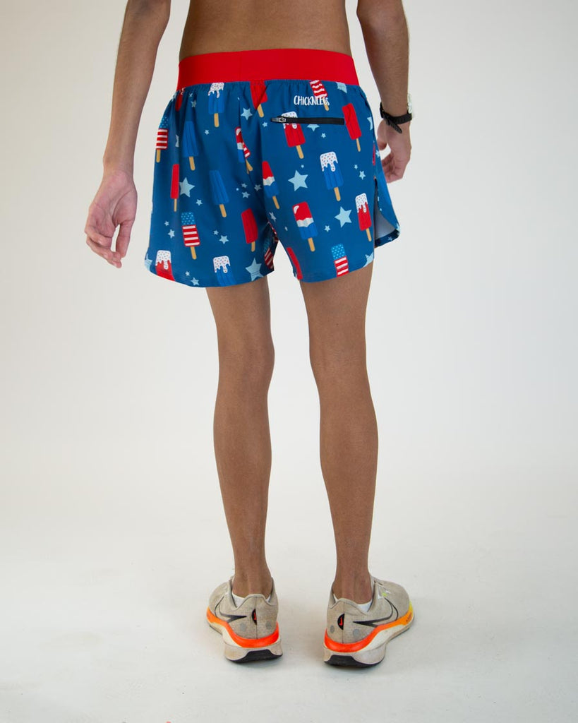 Runner is wearing ChicknLegs in the men's 4 in split running shorts with the USA popsicle design. The print has red, white and blue ice cream and white and blue stars on it with a red waistband. Great for runners!