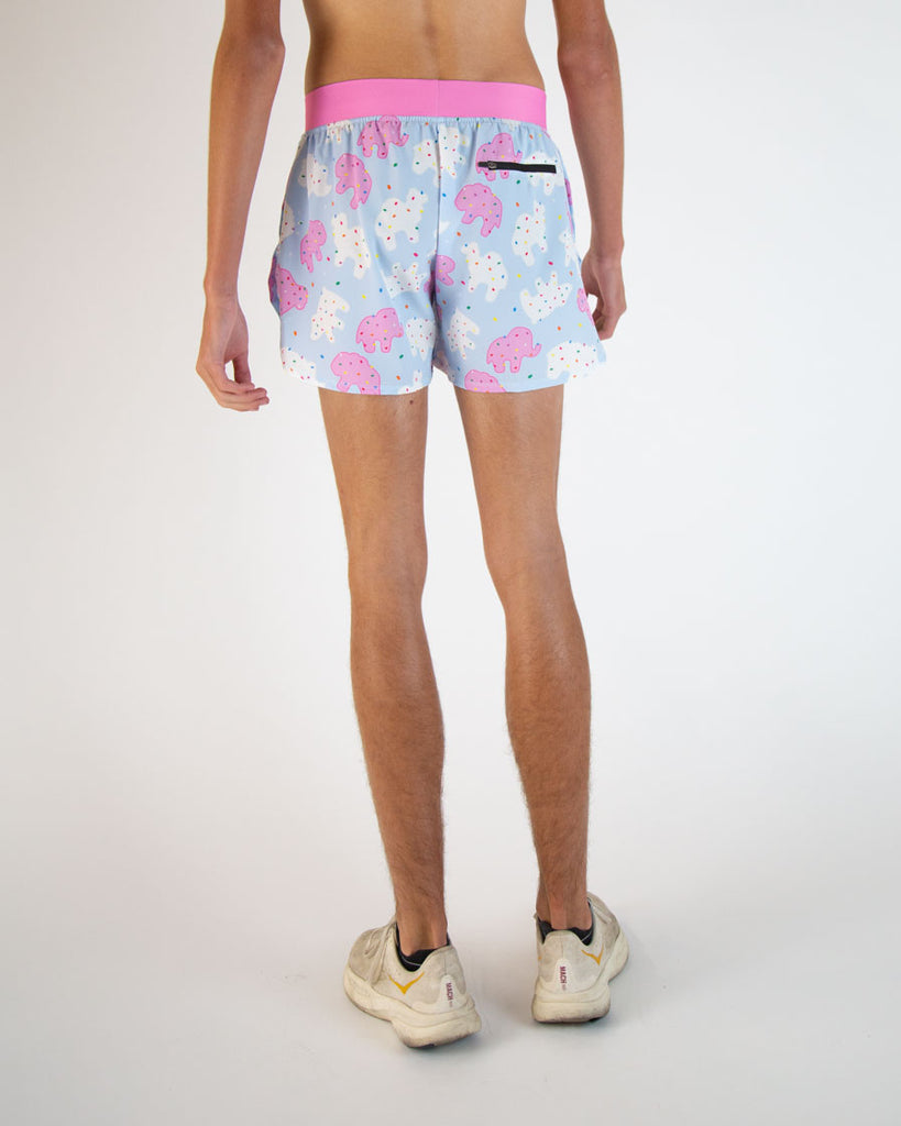 Runner is wearing ChicknLegs in the men's 4 in split running shorts in the Animal Cookies design. The back of the shorts are shown here, the back of the shorts has a zipper pocket that is great for iphones, androids, phones, gels, keys, and more!