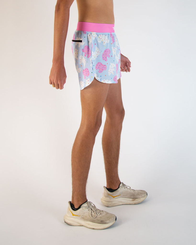 Runner is wearing ChicknLegs in the men's 4 in split running shorts in the Animal Cookies design. These shorts are great for long distance, running, track and field, cross country, sprinting, long jump, hiking, working out, weight lifting and more!