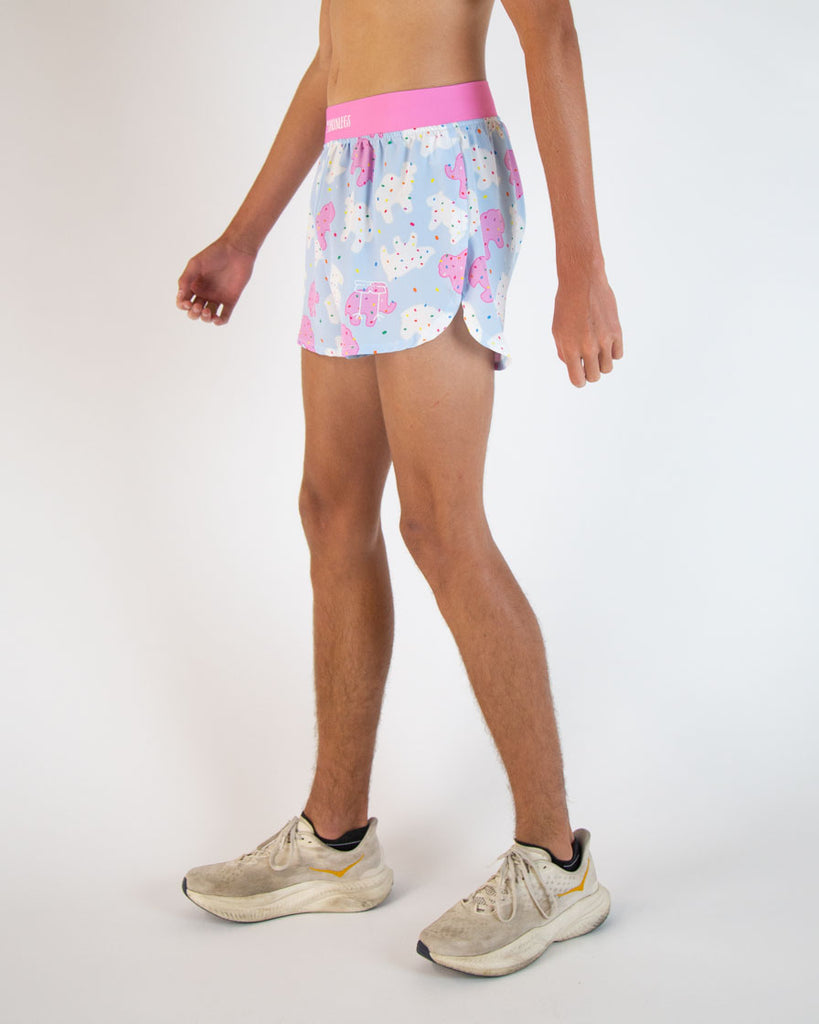 Runner is wearing ChicknLegs in the men's 4 in split running shorts in the Animal Cookies design. These shorts are great for no chaffing and provide a nice long split on the side.