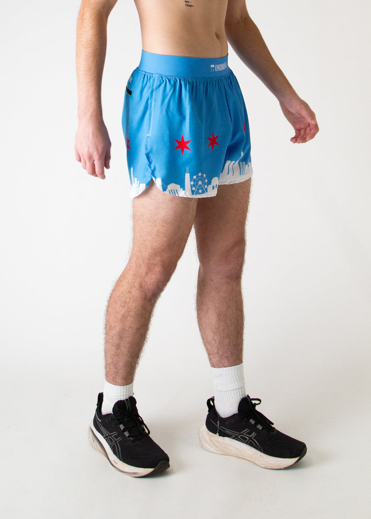 Runner is wearing ChicknLegs in the men's 4 in split running shorts that has the Chicago Style Skylines on it with a white city and blue background with red stars. Great for no chaffing and marathons!