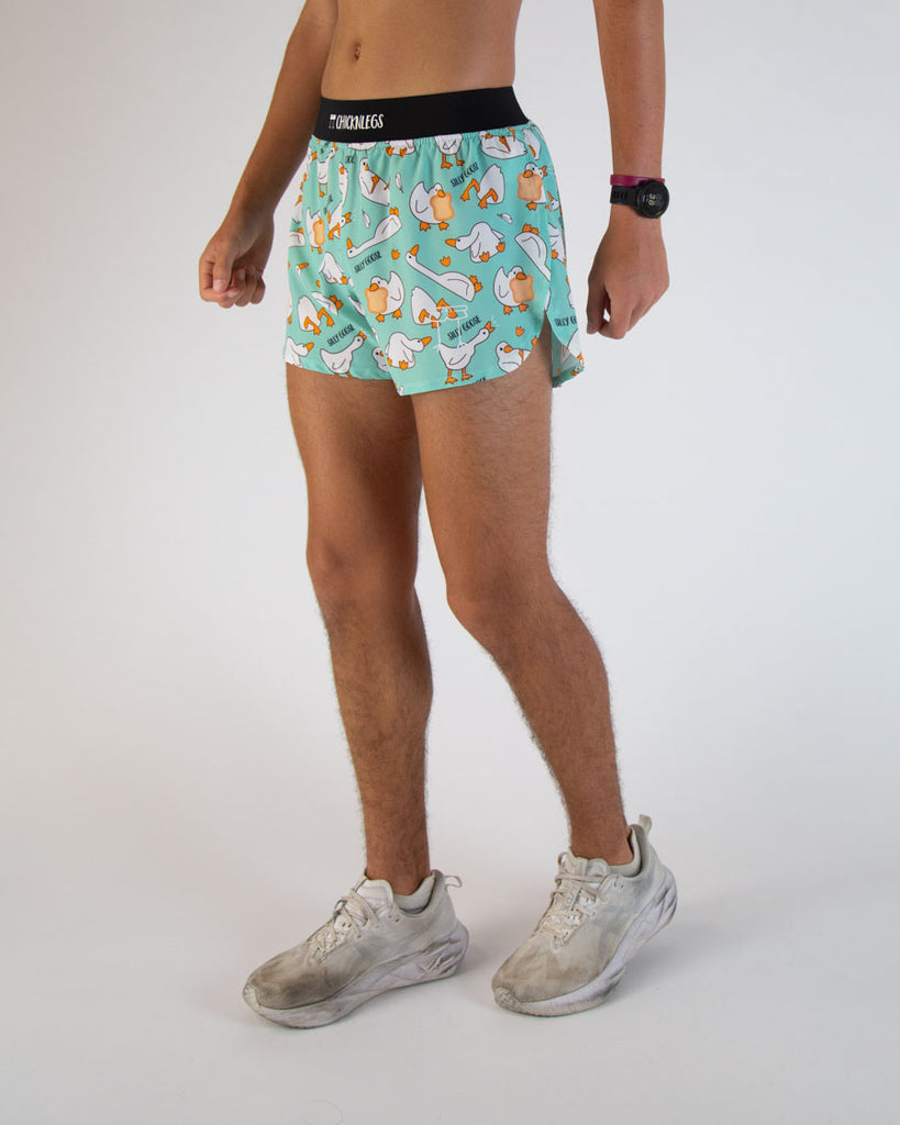 Runner is wearing ChicknLegs in the men's 4 in split running shorts in the Silly Goose Design. Great for running, long distance, track and field, hiking, working out, weight lifting, and more!