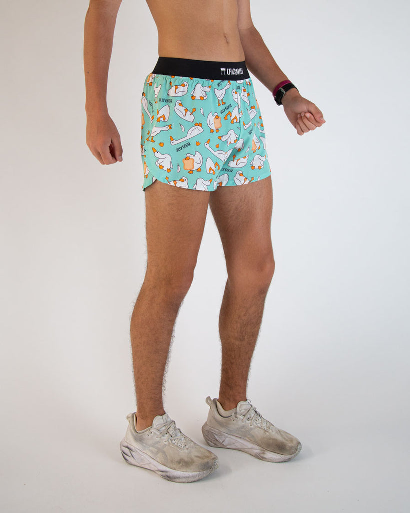 Runner is wearing ChicknLegs in the nen's 4 in split running shorts in the Silly Goose Design. These shorts have white, orange and blue colors on it. Great for no chaffing!