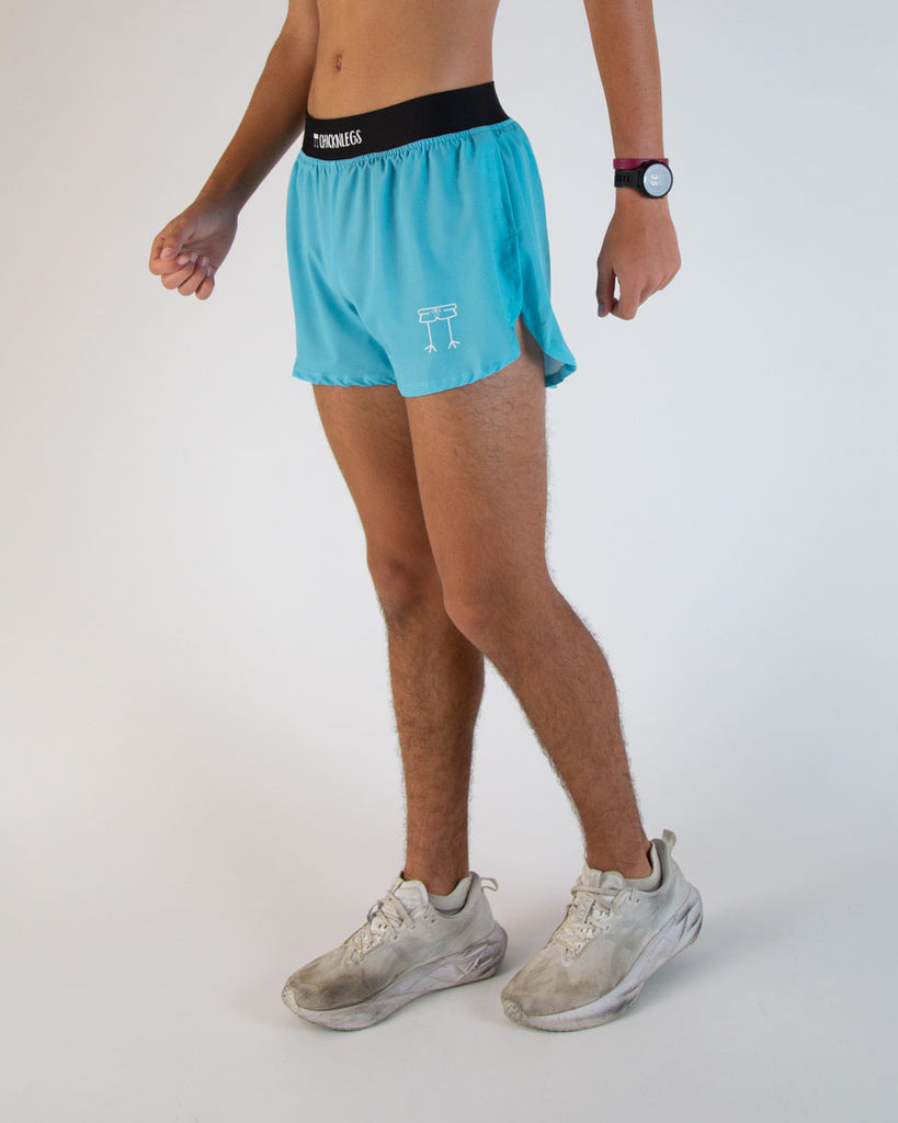 Runner is wearing ChicknLegs in the men's 4 in split running shorts in the sky blue design. Great for running, weight lifting, working out, hiking, outdoor activity, pickle ball and more!