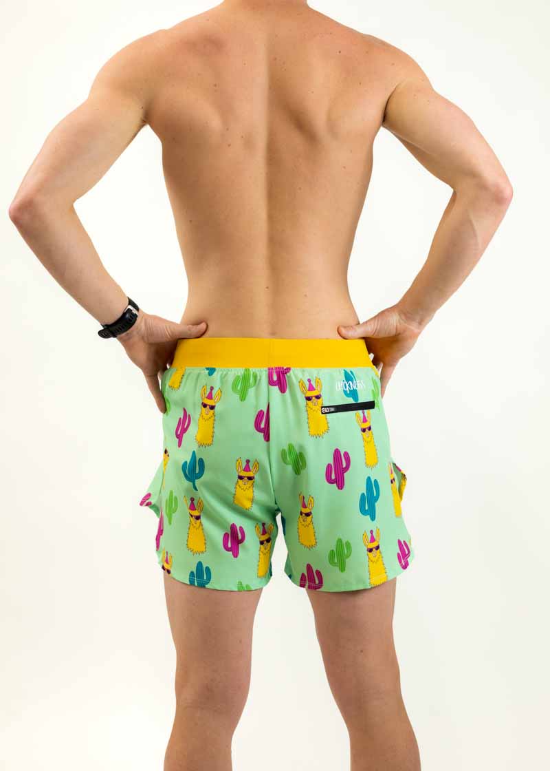 Back view of the men's 4" green llamas split running shorts from ChicknLegs.