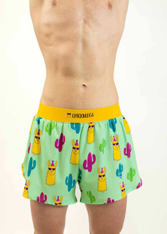 Front shot of the men's 4 inch green llama running shorts from ChicknLegs.