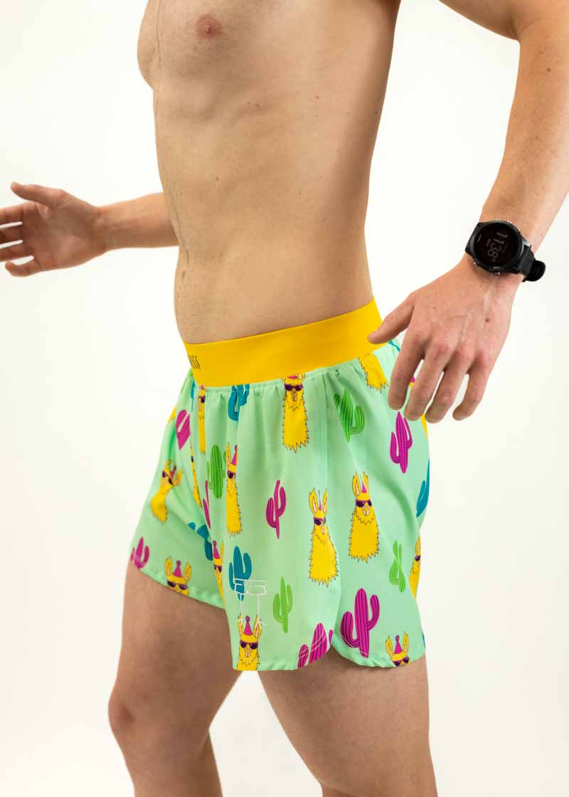 Left side view of the men's 4 inch green llama running shorts from ChicknLegs.