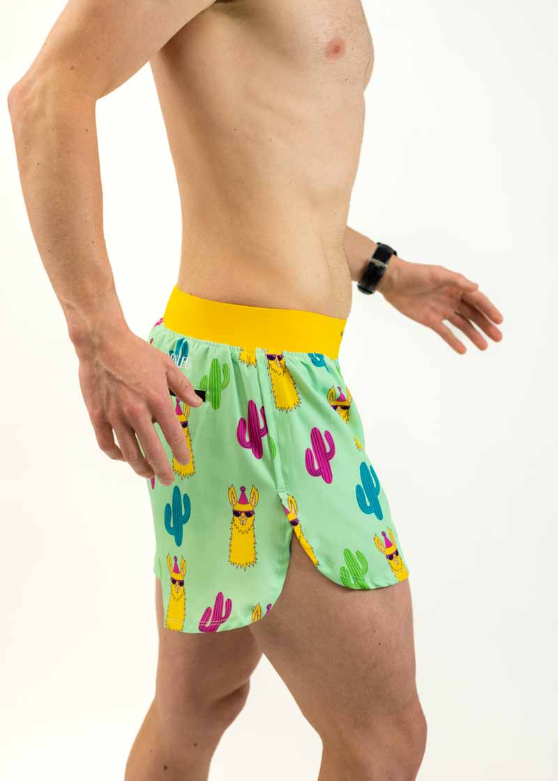 Right side view of the men's 4 inch green llama running shorts from ChicknLegs.