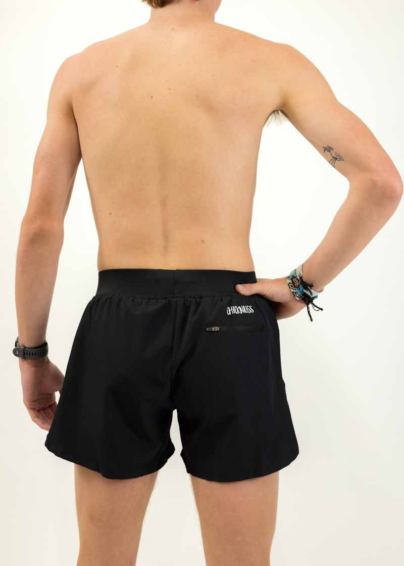 Back view of the men's 4 inch split running shorts featuring our large zipper pocket large enough to fit a phone, gels, keys, and more.