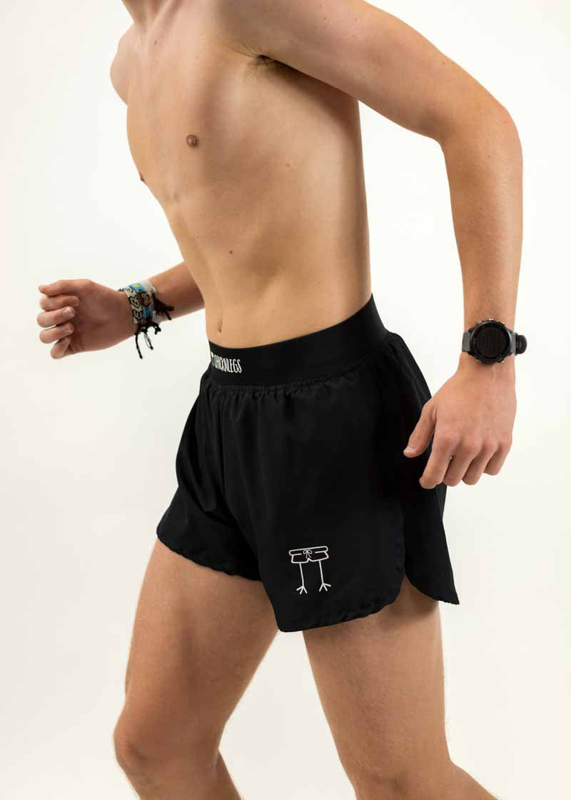 Left side shot of the men's 4 inch black running shorts from ChicknLegs.