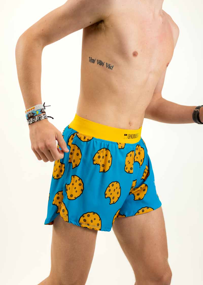 Right side view of the men's cookies 4 inch split running shorts from ChicknLegs.