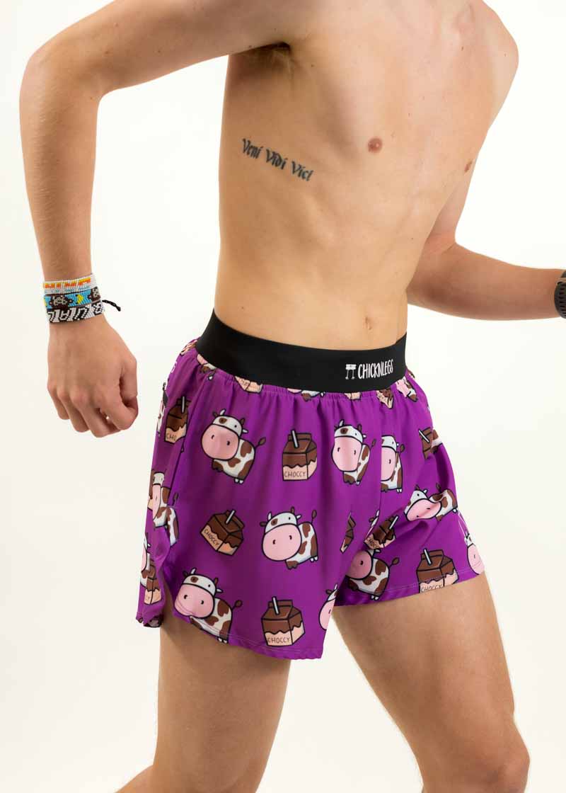 Right side view of the men's 4 inch choccy cows running shorts from ChicknLegs.