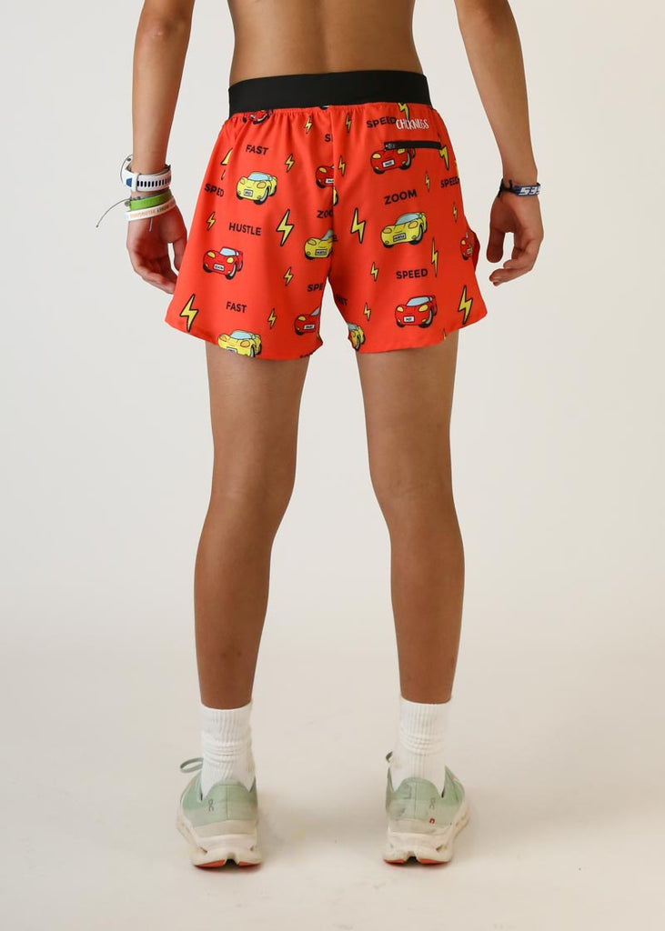 Model wearing Chicknlegs men's 4 inch split running shorts cars design back view