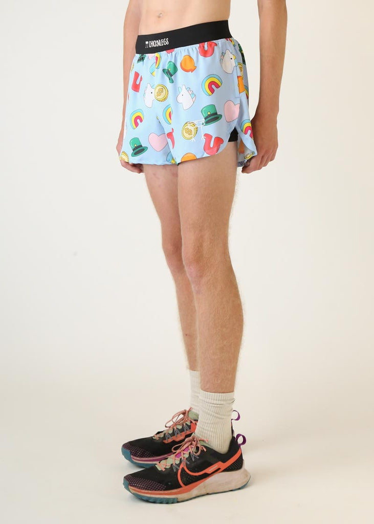 Model wearing Chicknlegs men's 4 inch split running shorts charms design left view
