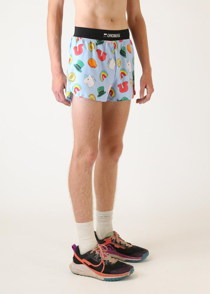 Model wearing Chicknlegs men's 4 inch split running shorts charms design right view