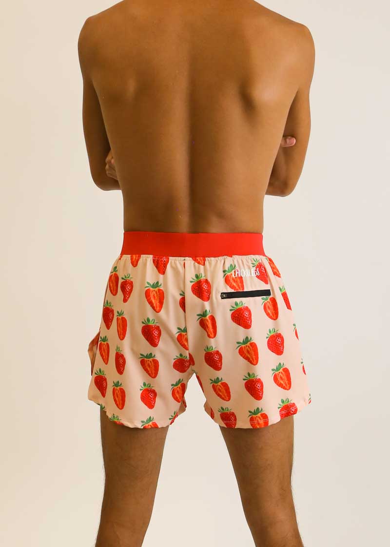 Back view of the men's 4 inch split running shorts with a strawberry design.