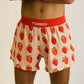 Front closeup view of the men's 4 inch half split strawberry running shorts from ChicknLegs.