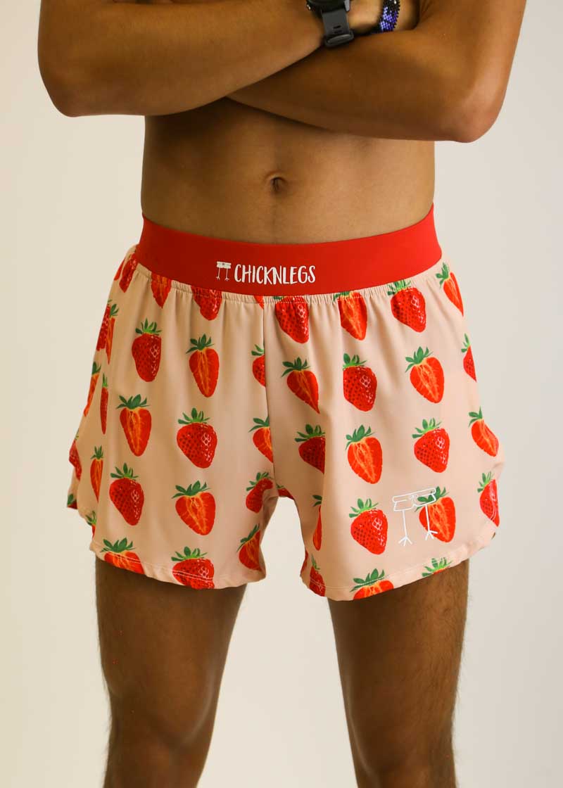 Front closeup view of the men's 4 inch half split strawberry running shorts from ChicknLegs.