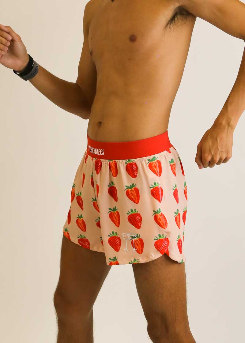 Side view of the men's 4 inch strawberry running shorts from ChicknLegs.
