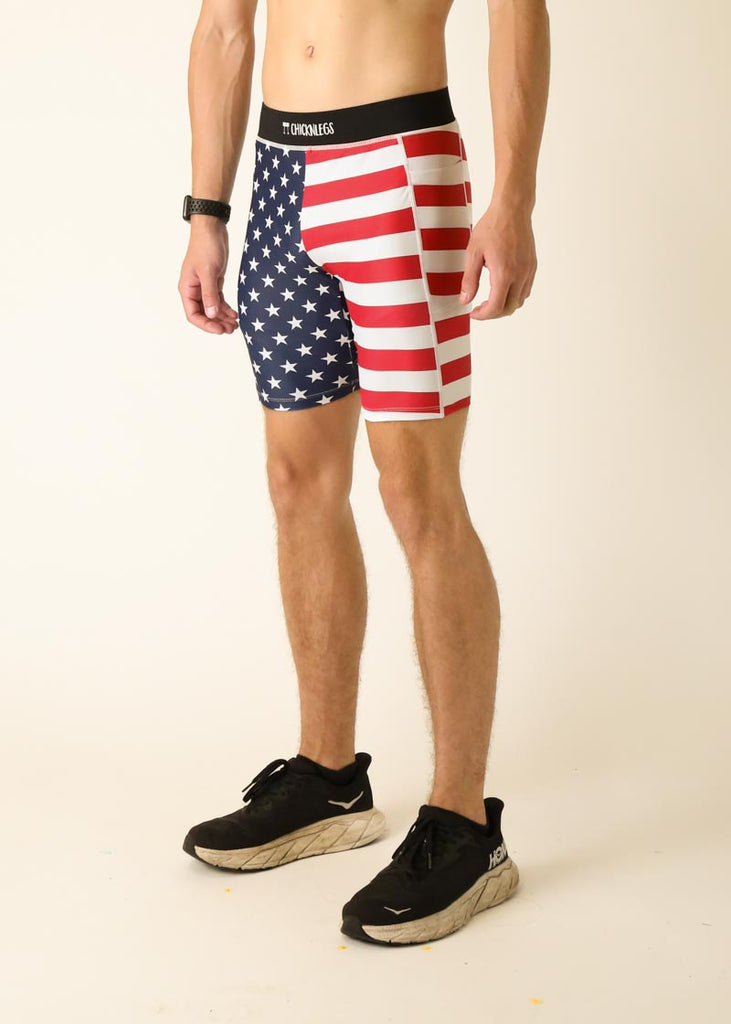 Model wearing Chicknlegs men's 8 inch half tights in the USA design facing right for side left for side view.