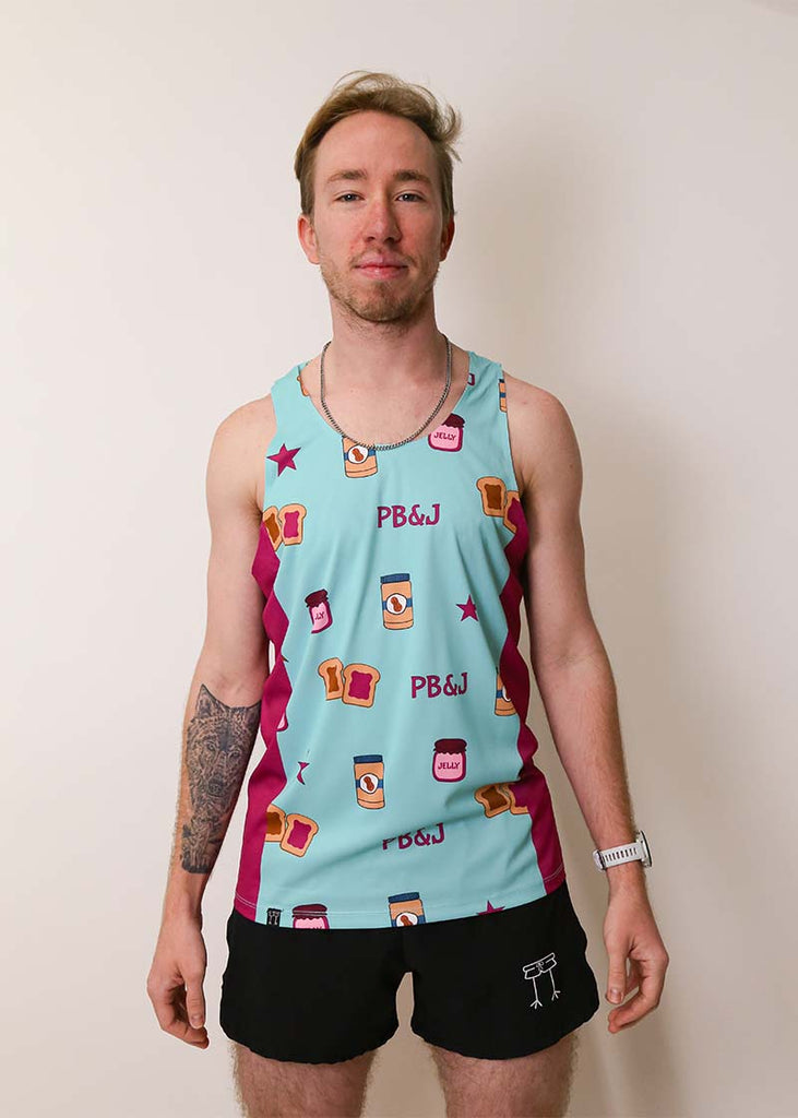 Front view of the men's PB&J performance running singlet from ChicknLegs.
