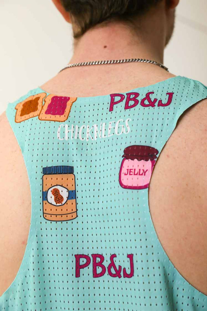 Closeup of the mesh panel back of the PB&J performance singlet.