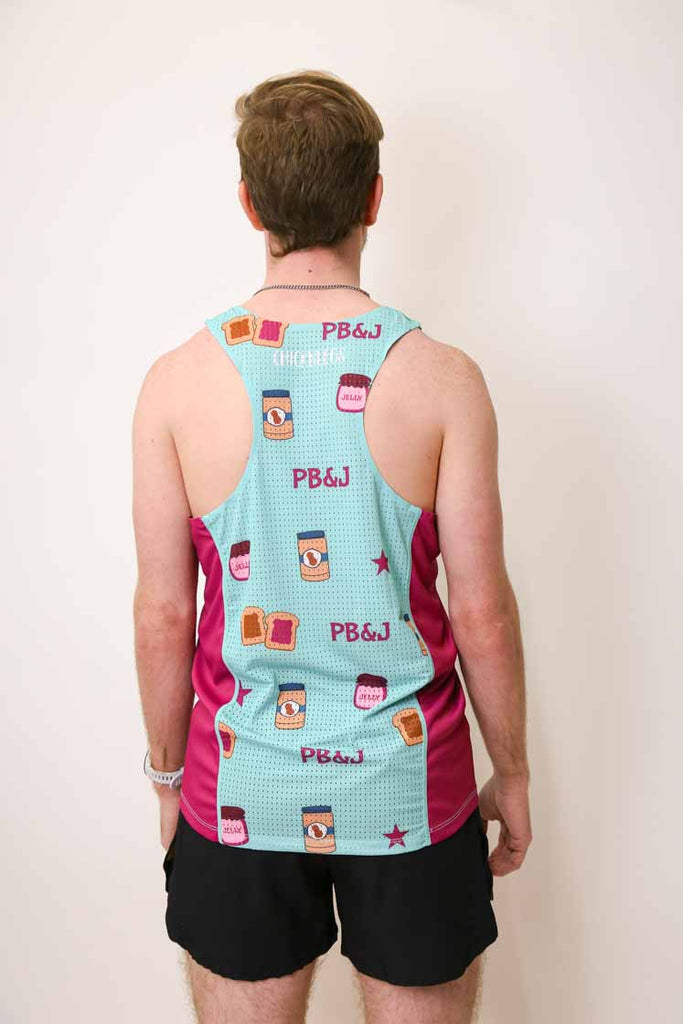 Back view of the mesh paneling of the men's PB&J performance running singlet from ChicknLegs.