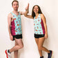 Runners wearing the men's and women's PB&J performance singlets and split shorts.