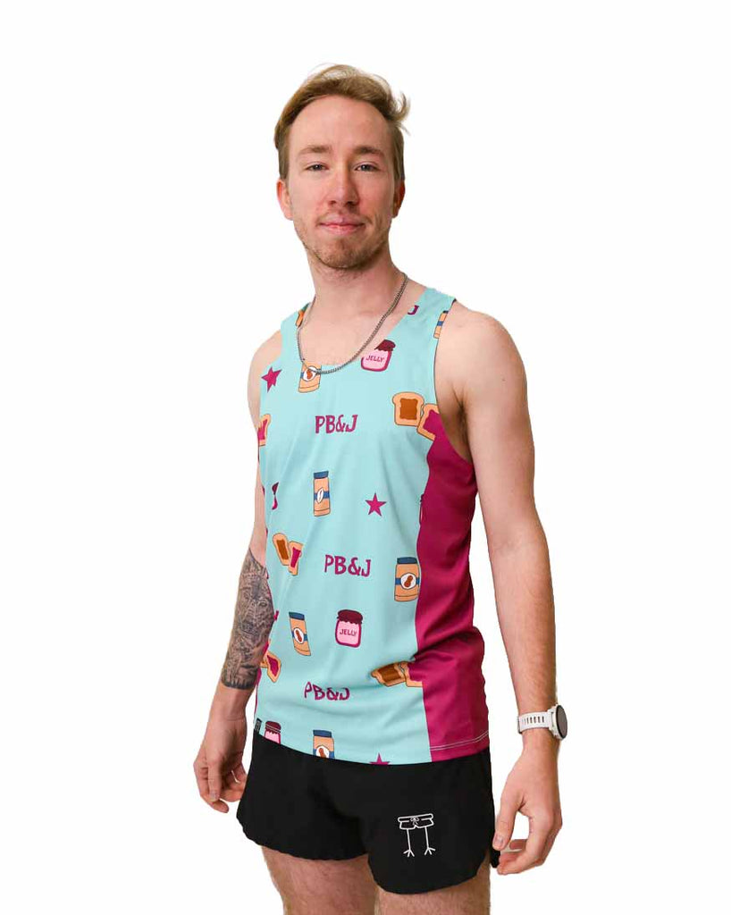 Model is wearing ChicknLegs in the men's performance singlet in the pb&j design with maroon side panel. 