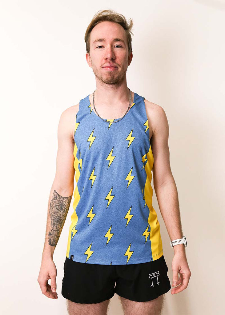 Front view of the men's blue bolts performance running singlet from ChicknLegs.