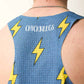 Closeup view of the ChicknLegs logo on the mesh panel backing of the blue bolts singlet.