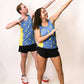 Runners doing the Usain Bolt pose while wearing the blue bolts running singlets from ChicknLegs.
