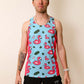 Front view of the men's blue flamingo perfomance singlet from ChicknLegs.