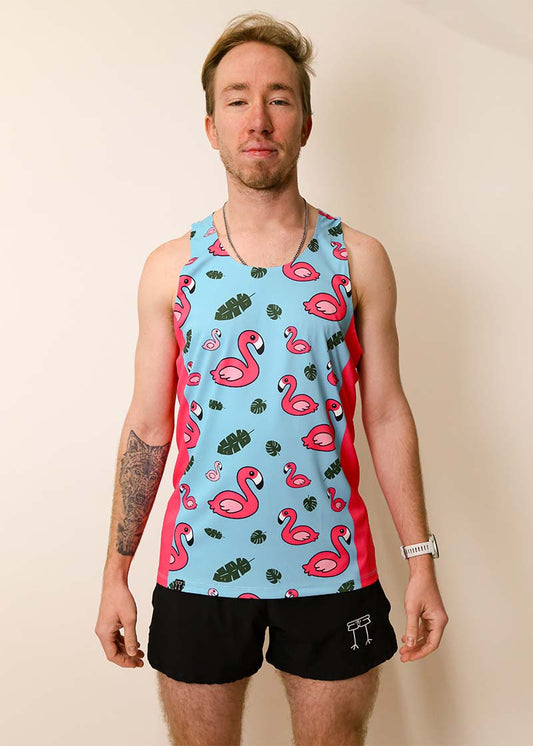 Front view of the men's blue flamingo perfomance singlet from ChicknLegs.