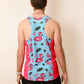 Back view of the men's blue flamingo performance singlet from ChicknLegs.