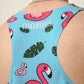 Back closeup view of the men's blue flamingo performance singlet breathable mesh panel.