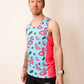 Side view of the ChicknLegs men's blue flamingo performance singlet.