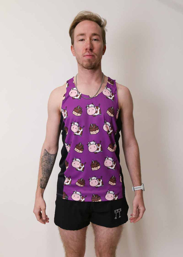 Front view of the men's choccy cows performance running singlet from ChicknLegs..