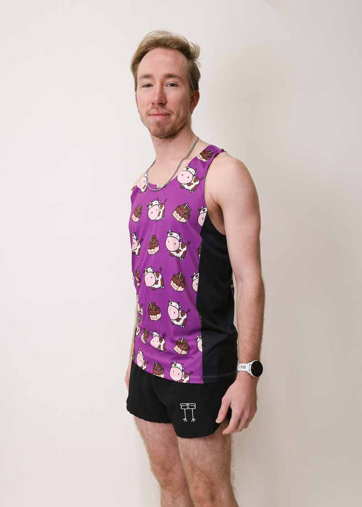Side view of the men's choccy cows performance running singlet from ChicknLegs.