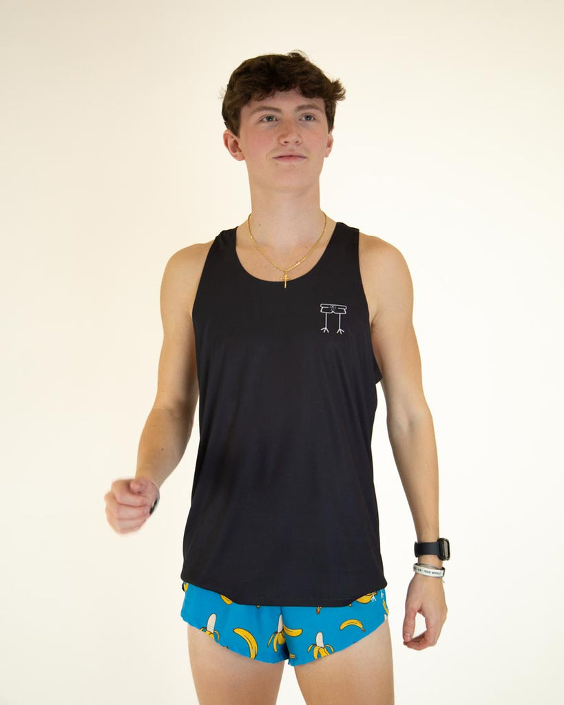 Front view of ChicknLegs Men's Performance Running Singlet in the solid black made with lightweight fabric, shown in a fitted athletic cut with seamless neck and arm holes for comfort.