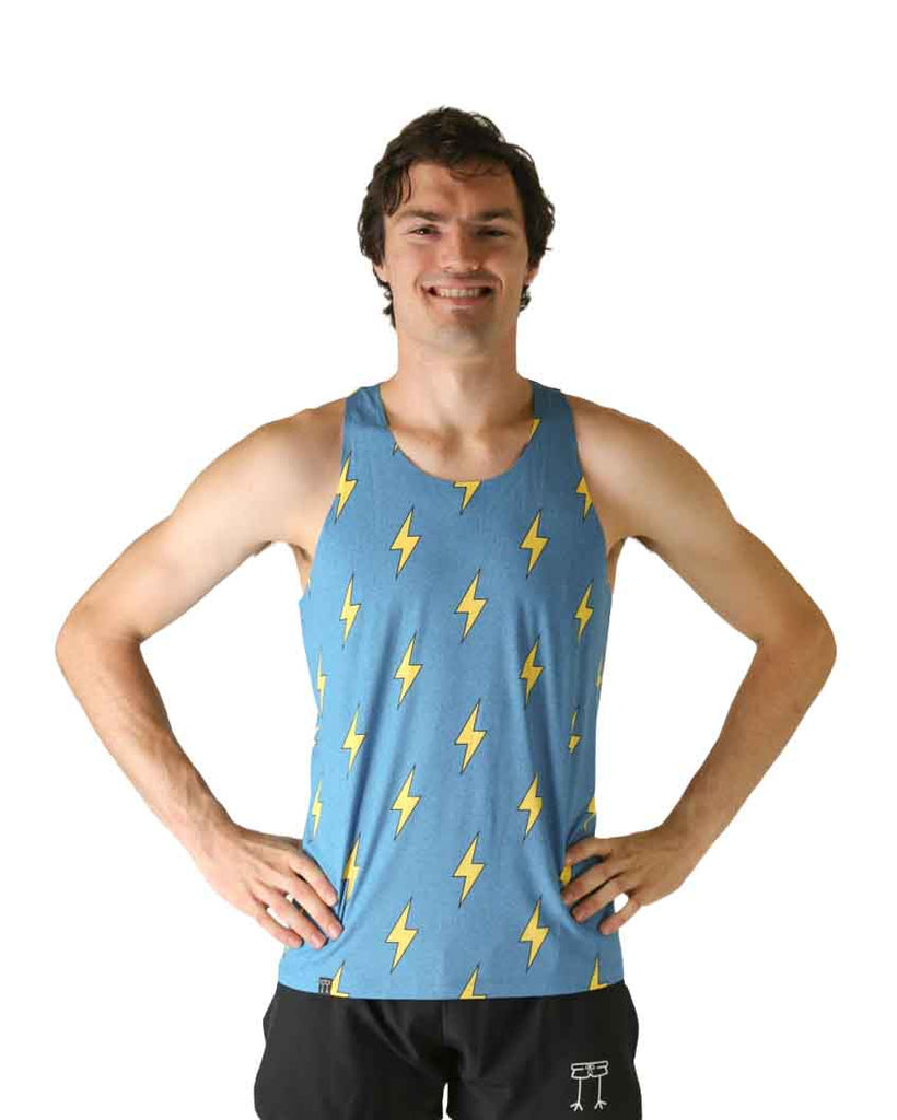 Front view of ChicknLegs of Men's Performance Running Singlet in the blue bolts design, made with lightweight fabric, shown in a fitted athletic cut with seamless neck and arm holes for comfort.