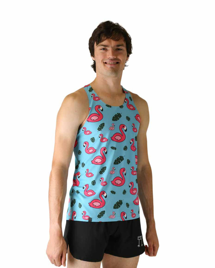 Right side view of ChicknLegs Men's Performance Running Singlet in the blue flamingo design featuring the breathable, quick-dry fabric and seamless arm opening for a smooth fit.