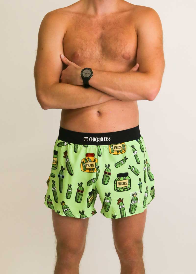 Front closeup view of the men's 4 inch pickle running shorts from ChicknLegs.