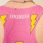 Closeup view of the back of the men's pink bolts singlet showing the perforated mesh paneling for breathability.