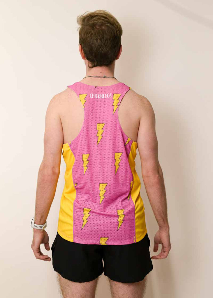 Back view of the men's pink bolts performance running singlet.