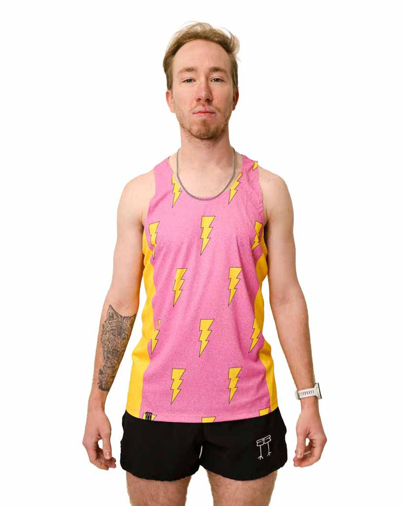 Front view of ChicknLegs Men's Performance Running Singlet in the pink bolts design. Made with lightweight fabric, shown in a fitted athletic cut with seamless neck and arm holes for comfort.