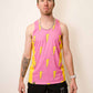 Front view of the men's pink bolts performance running singlet from ChicknLegs.