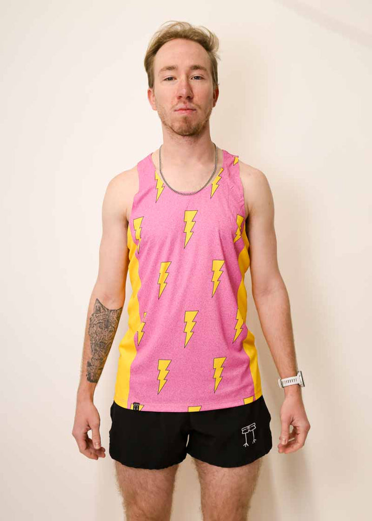 Front view of the men's pink bolts performance running singlet from ChicknLegs.