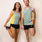 Runners stretching while wearing the rubber ducky performance singlets.