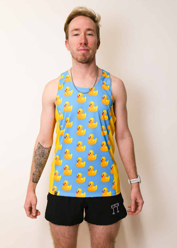 Front view of the men's rubber ducky performance singlet from ChicknLegs.